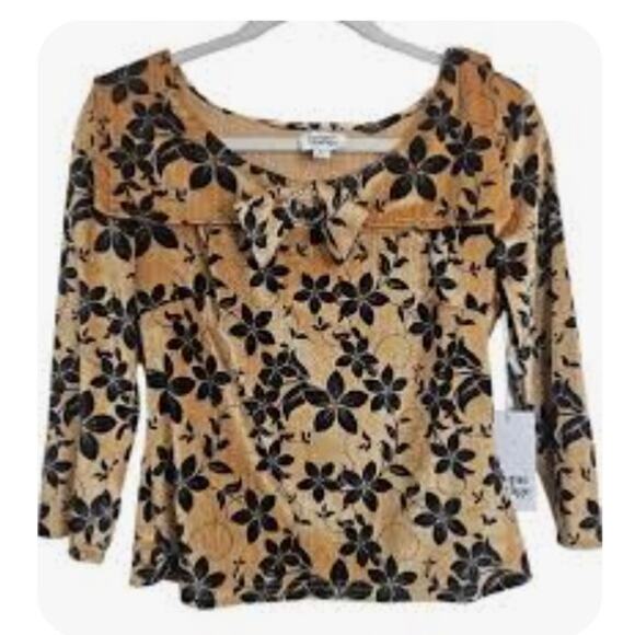 Unique Vintage Tops - UNIQUE VINTAGE Pointsetta Gold and Black Floral Holiday Top with Brooch Sz1X #86